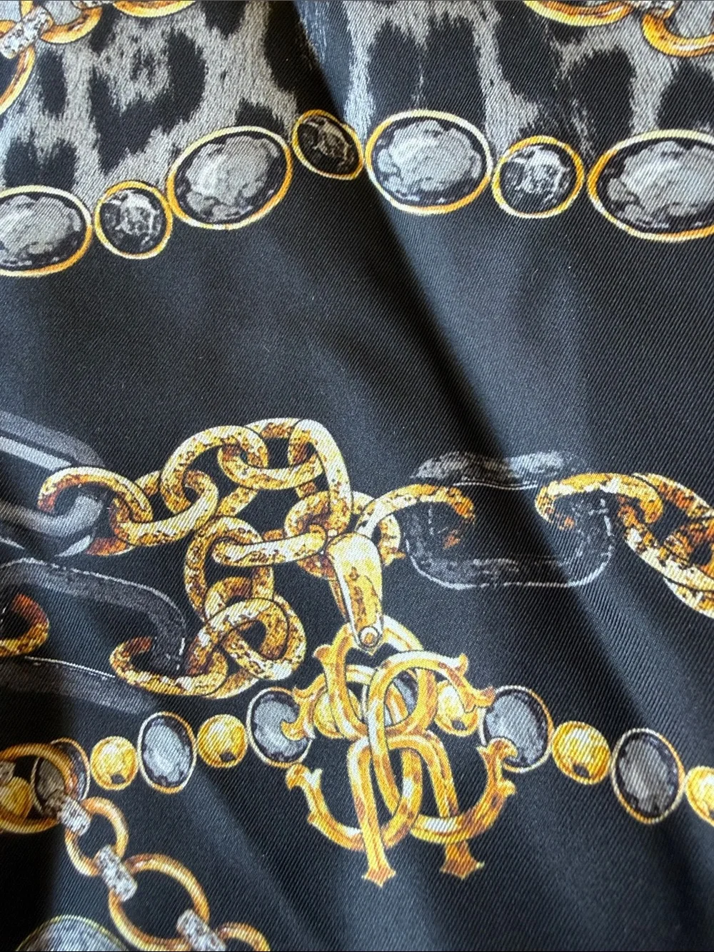 Roberto Cavalli Black and Gold Chain & Snake Motif Silk Scarf
